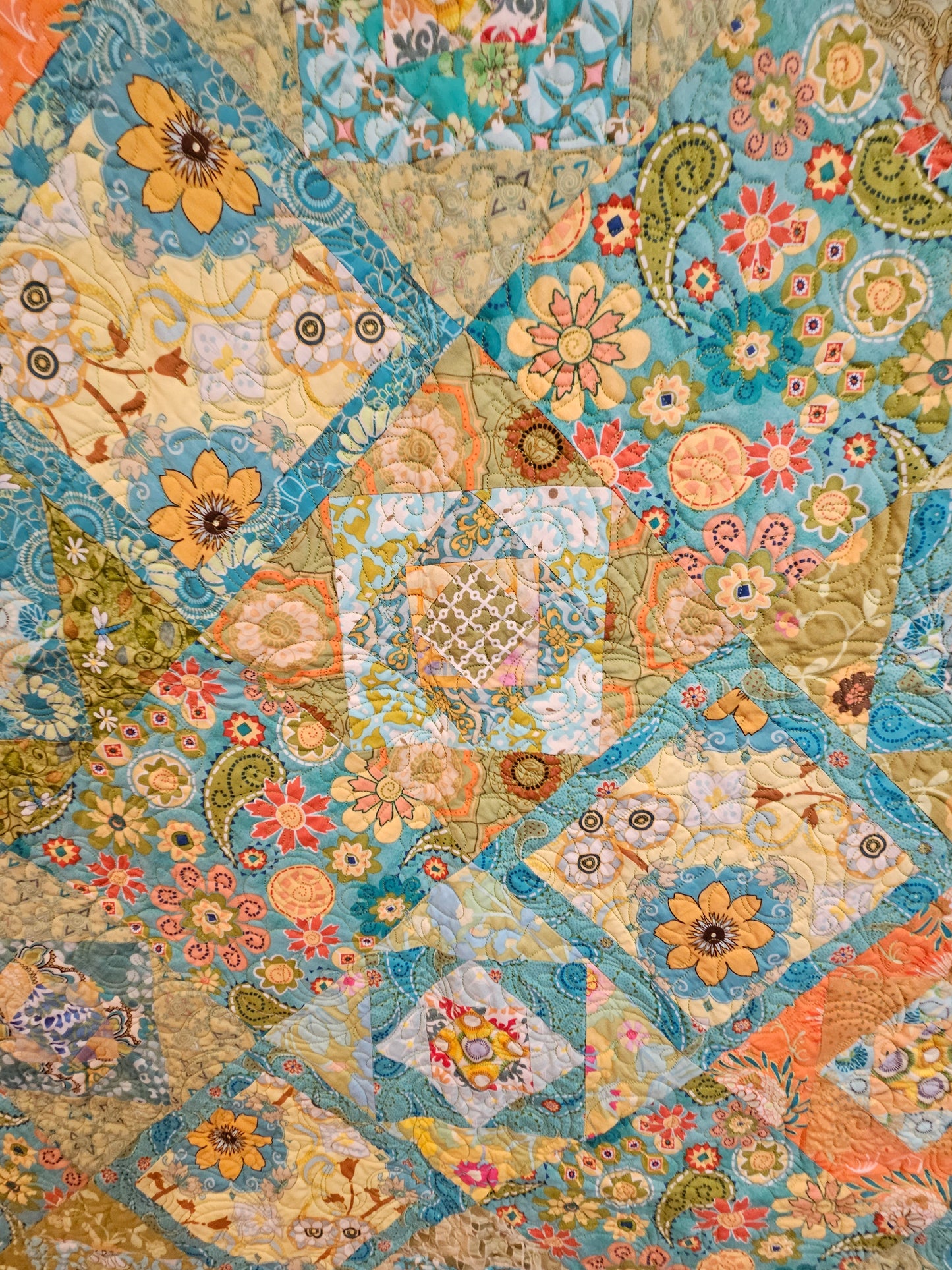 Colorful patchwork quilt with floral and geometric patterns
