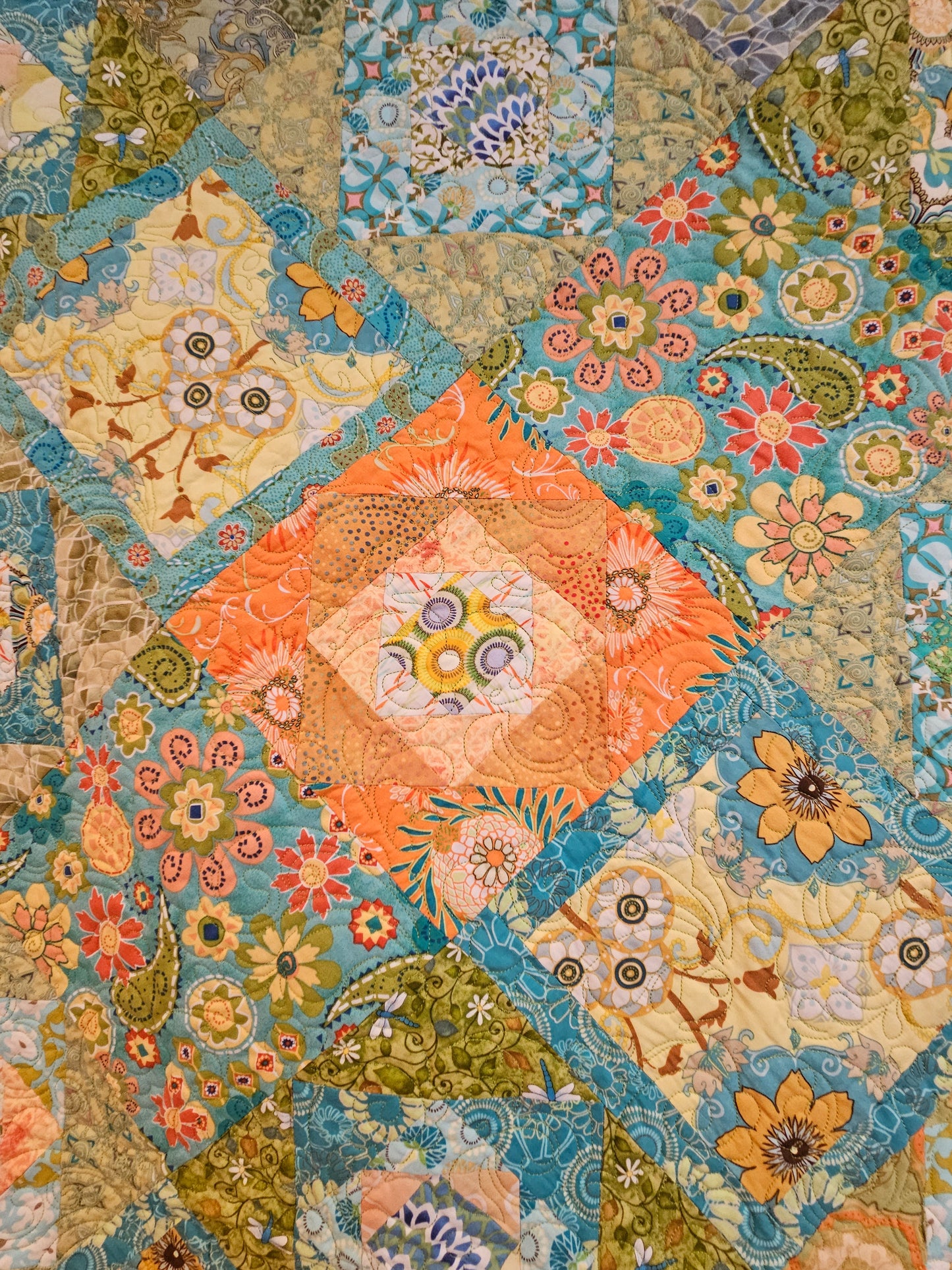 Close-up of a colorful floral and paisley patterned fabric.