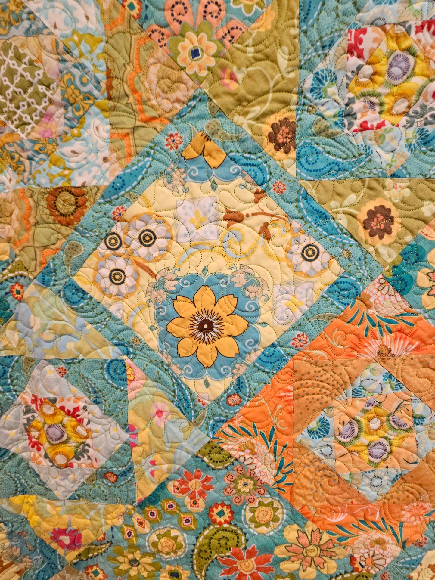 Colorful patchwork quilt with floral patterns